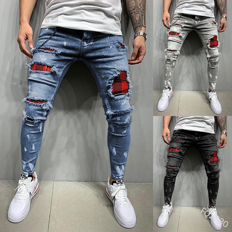 Jeans skinny da uomo, casual, slim, in denim, con fori sul ginocchio, patchwork